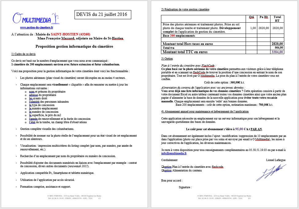 Devis Gestion du Cimetière