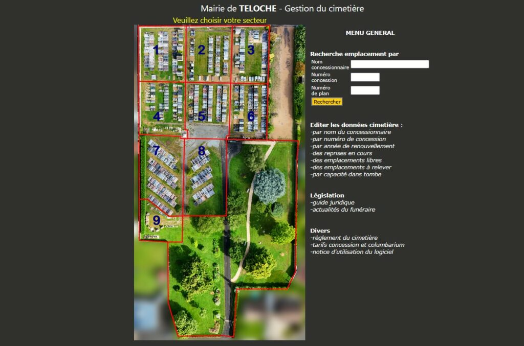 Multimedia installe la gestion informatique du cimetière à Teloché (72). Mairie située dans le département de la Sarthe. 670 concessions sur un cimetière. Relevé des inscriptions tombes et numérisation des actes de concessions. Cartographie du cimetière par drone.